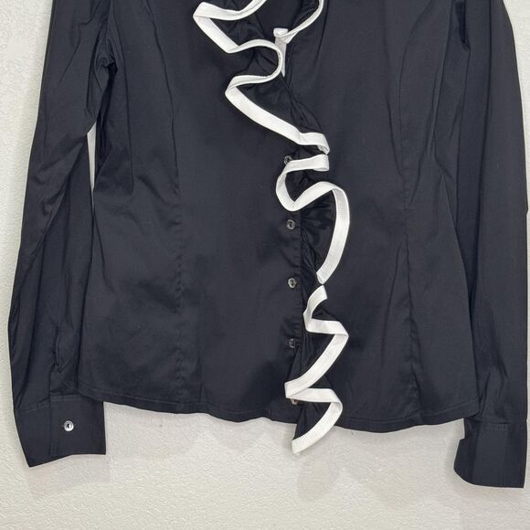 Rayure Paris Shirt Womens 44 Black White Ruffle Front Button Top Made France - Picture 5 of 8
